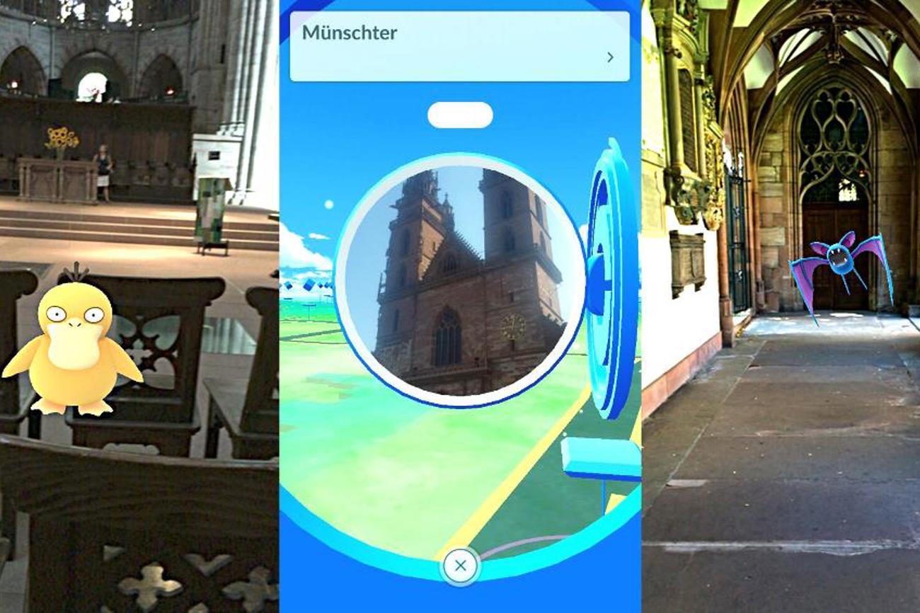 Ein Enton im Basler Münster (links) und ein Zubat im Kreuzgang (rechts). In der Mitte: Das Handy zeigt den Spielern den Pokestop «Münschter» an. Dort erhalten sie Gegenstände, die sie für die Pokémon-Jagd brauchen.