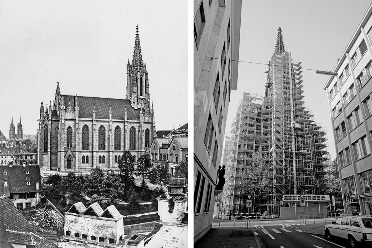 Die Elisabethenkirche im Wandel der Zeit: links 1875, rund zehn Jahre nach ihrer Fertigstellung, und rechts im Jahr 1990. | Fotos: Archiv ETH Zürich