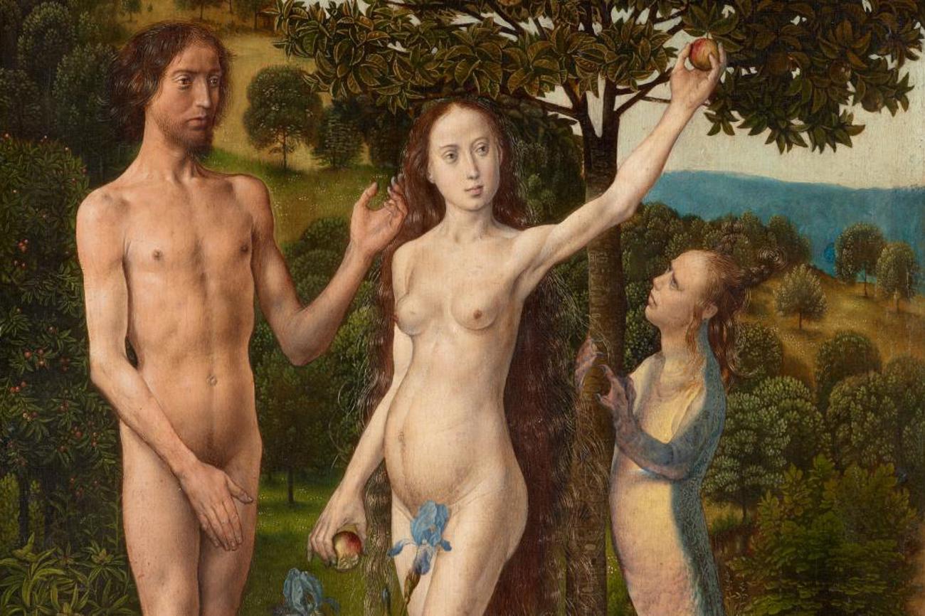 Die Frucht vom Baum des Todes. | Der Fall des Menschen: Adam und Eva, Hugo van der Goes, Wien, 1470-1475