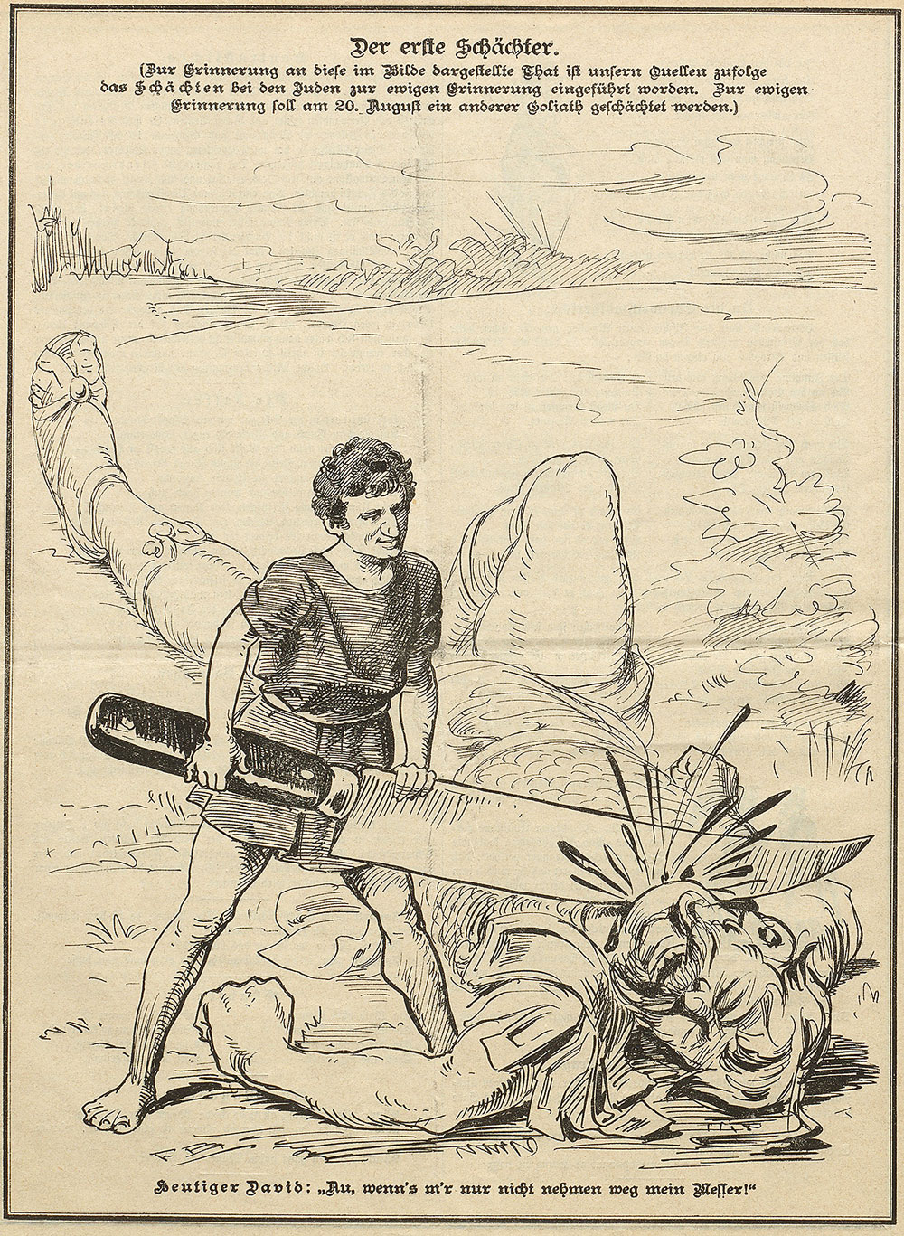 Karikatur: David schlitzt Goliath mit einem Messer die Kehle auf.