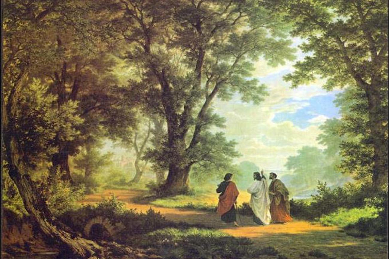 Jesus wandert mit den Emmausjüngern, die ihn erst nicht erkennen.|«Gang nach Emmaus», gemalt von Robert Zünd 1877