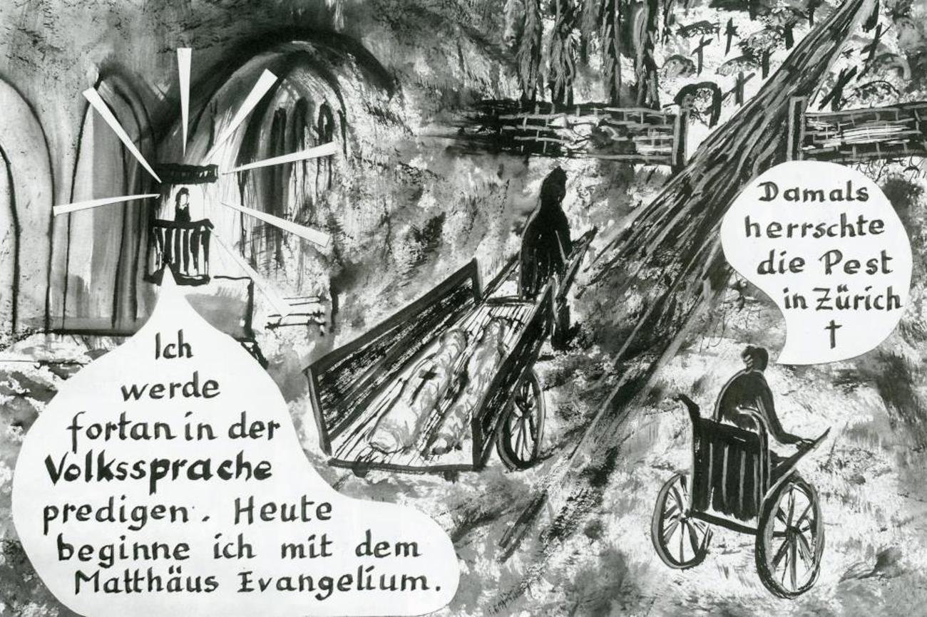 Zwingli beschliesst, den Leuten das Evangelium deutsch und deutlich auszulegen. | Zeichnung: Jean-Pierre Gerber