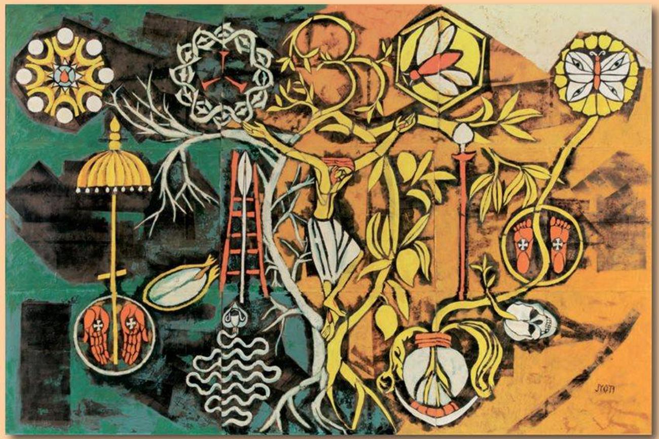 Das erste «Hungertuch» aus dem Jahr 1976 nahm die spätmittelalterliche Tradition der Fastentücher wieder auf. Umsetzung: Iyoti Sahi, Indien. Quelle miseror.de