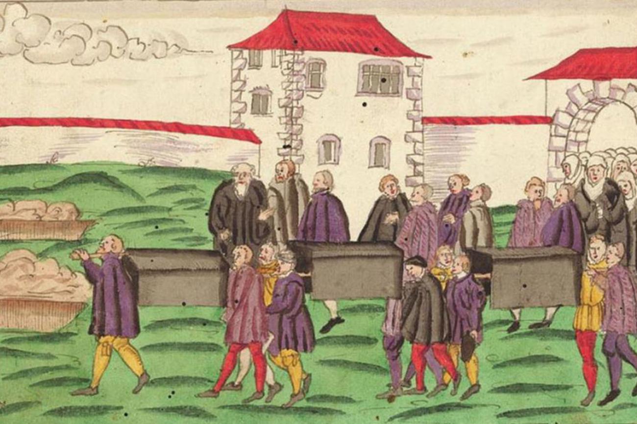 Sarg um Sarg wurde während der Pestepidemie 1519 in Zürich auf den Friedhof getragen. |Zentralbibliothek Zürich