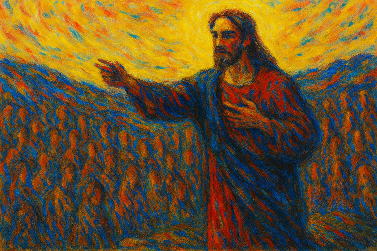 Jesus hält die Bergpredigt, ein Meisterstück der Redekunst. | Bild: Generiert mit ChatGPT