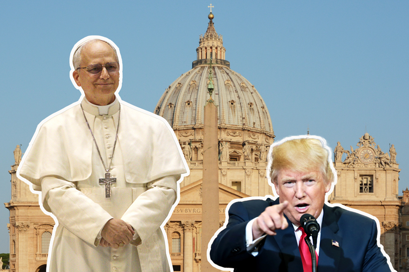 Fotomontage mit Papst Leo XIV (Foto: Edgar Beltrán, Wikimedia  CC/SA4.0 ), Donald Trump (Foto: Gage Skidmore, Flickr CC/SA2.0) und Petersdom, Rom (Foto: Roland Fischer, Wikimedia, CC/SA3.0AT). Bearbeitung: Kirchenbote. Gesamtwerk lizenziert unter CC BY-SA 4.0