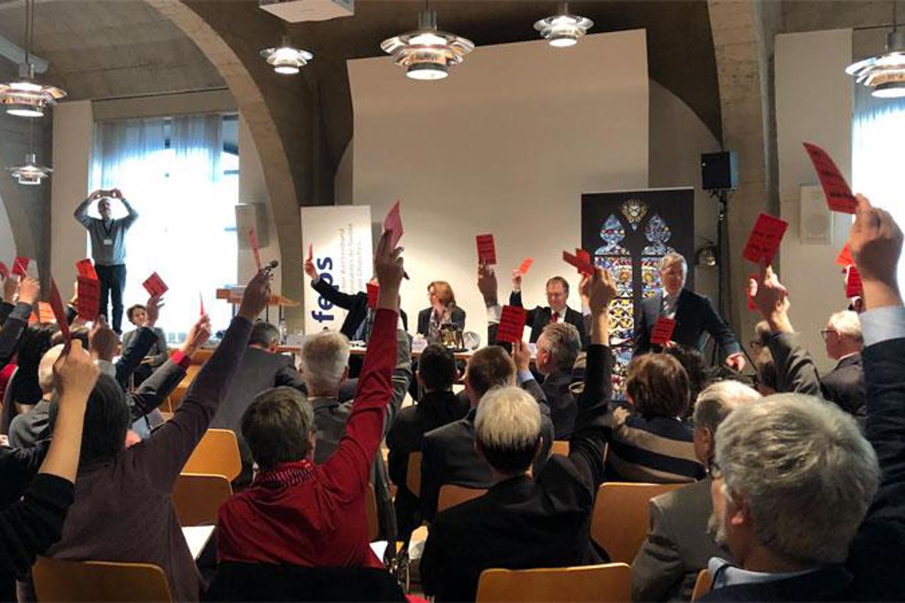 Mit einer Gegenstimme nehmen die Abgeordneten des Schweizerischen Evangelischen Kirchenbunds SEK die neue Verfassung an.