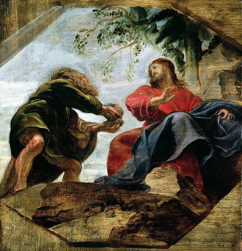 In der Wüste wird Jesus vom Teufel aufgefordert, Steine in Brot zu verwandeln um nach vierzig Tagen Fasten seinen Hunger zu stillen. "Die Versuchung Christi in der Wüste" von Peter Paul Rubens, 1620, Öl auf Leinwand, 32,9 x 31.6 cm, The Courtauld, London. | Bild: gallerix.ru