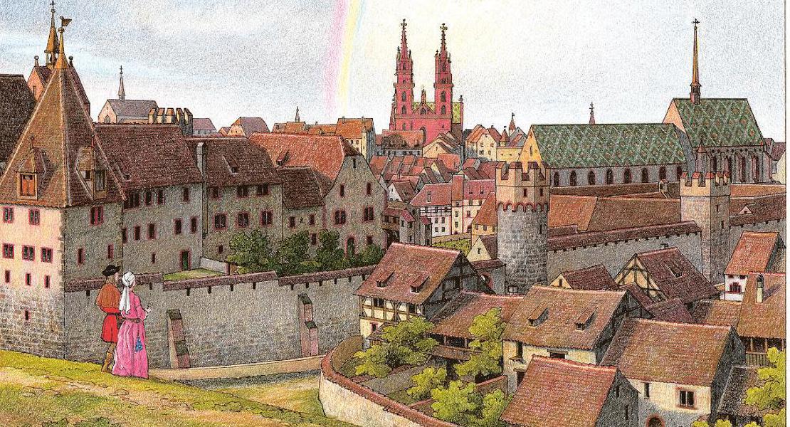 Für den bebilderten Erzählband rekonstruierte Bauforscher und Künstler Tramèr die äussere und die innere Erscheinung des Basler Münsters. Die Zeichnungen dokumentieren die mutmassliche Farbigkeit der Basler Kathedrale vor der Reformation.
