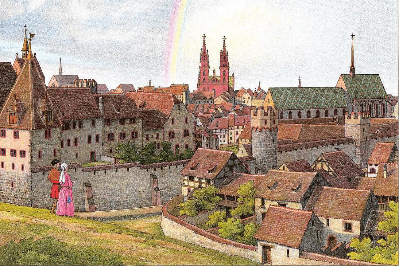 Für den bebilderten Erzählband rekonstruierte Bauforscher und Künstler Tramèr die äussere und die innere Erscheinung des Basler Münsters. Die Zeichnungen dokumentieren die mutmassliche Farbigkeit der Basler Kathedrale vor der Reformation.