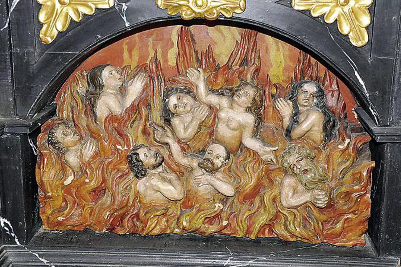 Über Jahrhunderte drohte der sündigen Seele das Fegefeuer. Barocke Darstellung aus dem Beinhaus in Stans.