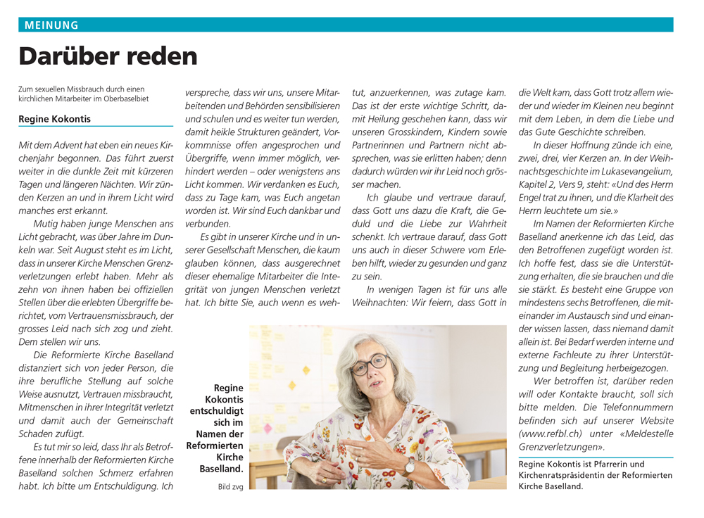 Der offene Brief von Regine Kokontis in der Zeitung «Volksstimme» vom 11.12.2025.