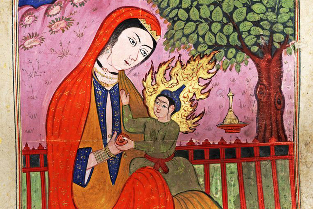 Maryam und Isa. Miniatur aus einem islamischen Falnama (Omenbuch), entstanden zwischen 1550 und 1600 in Indien. Aufbewahrt im Wereldmuseum Rotterdam. | Bild: Wikimedia Commons