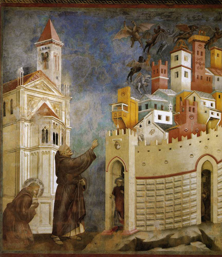 «Die Vertreibung der Dämonen aus Arezzo» ist ein Fresko des italienischen Malers Giotto di Bondo aus den Jahren 1297–1299. Es zeigt den heiligen Franziskus, der Dämonen aus der toskanischen Stadt Arezzo vertreibt und befindet sich in der Basilika San Francesco in Assisi. | Bild: WikimediaCommons