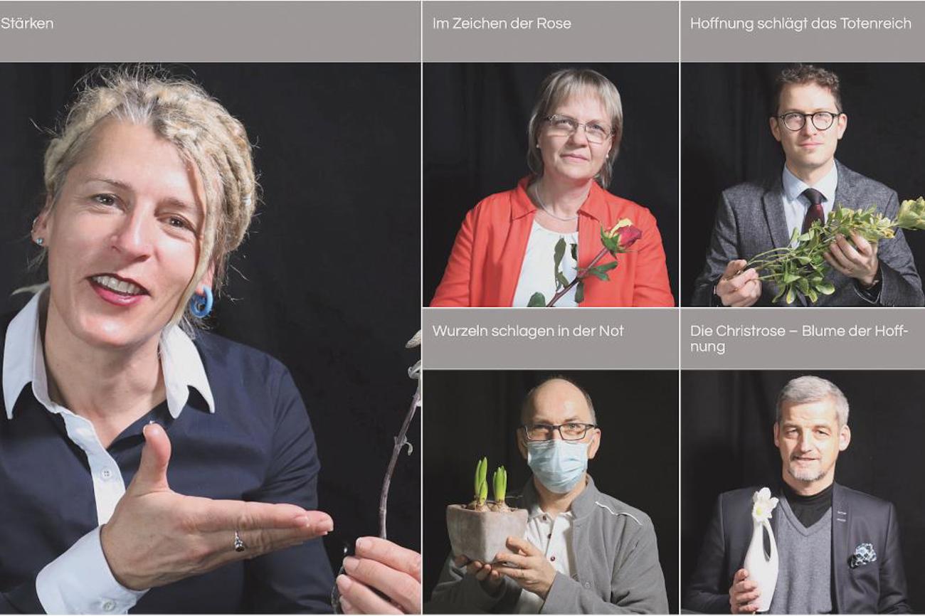 Pfarrerinnen und Pfarrer mit Hoffnungssymbolen.