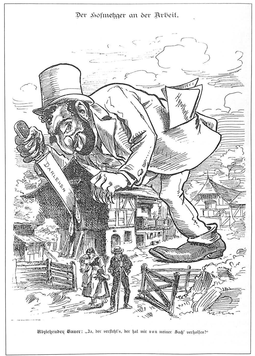 Karikatur: Der riesige Hofmetzger zerstückelt mit dem Messer, auf dem Darlehen steht, einen Bauernhof. Die Familie verlässt den Hof.