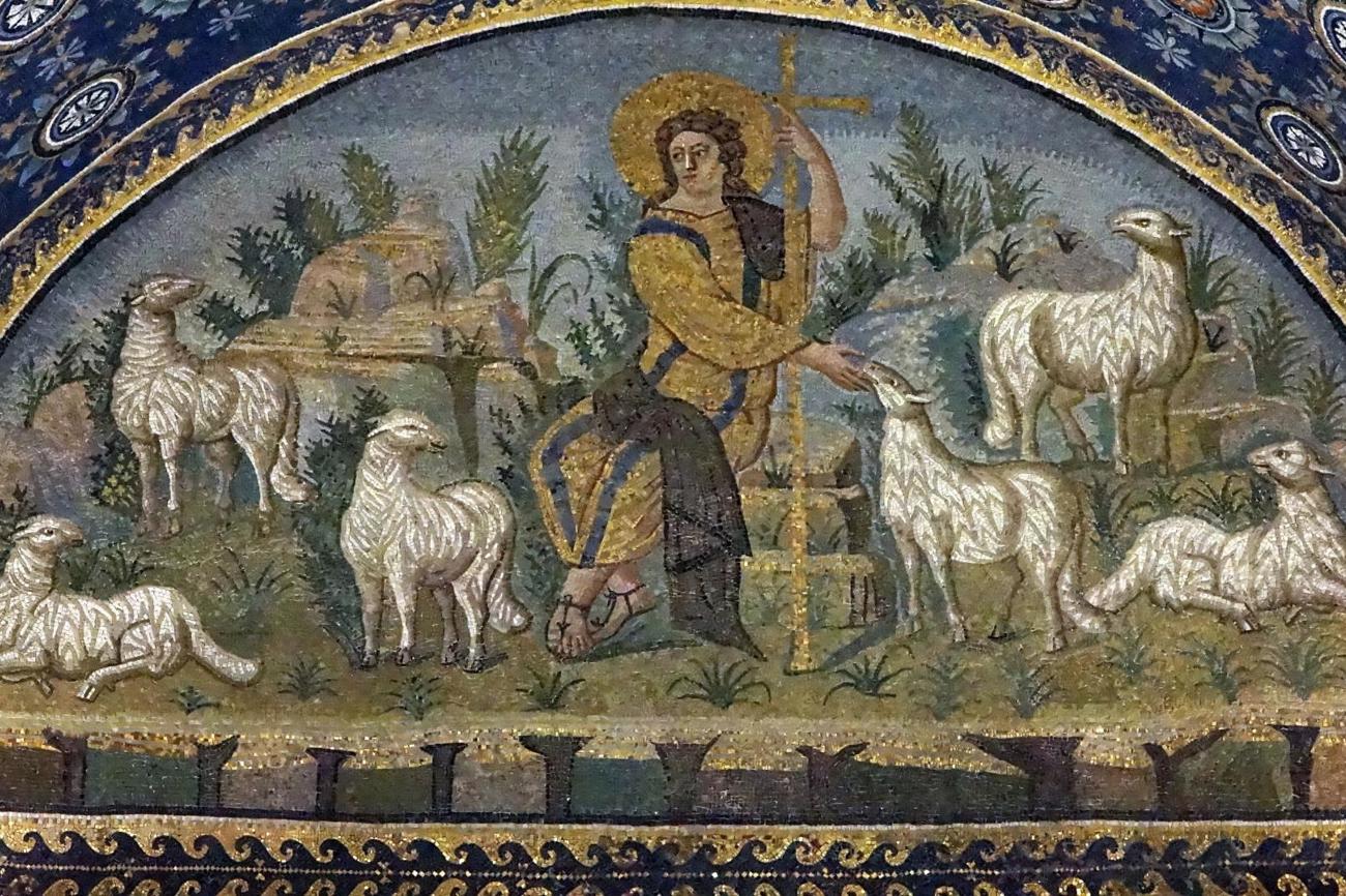 Der gute Hirte. Mosaik im Mausoleum der Kaiserin Galla Placidia, Ravenna (um 425). Bild: Wikicommons.