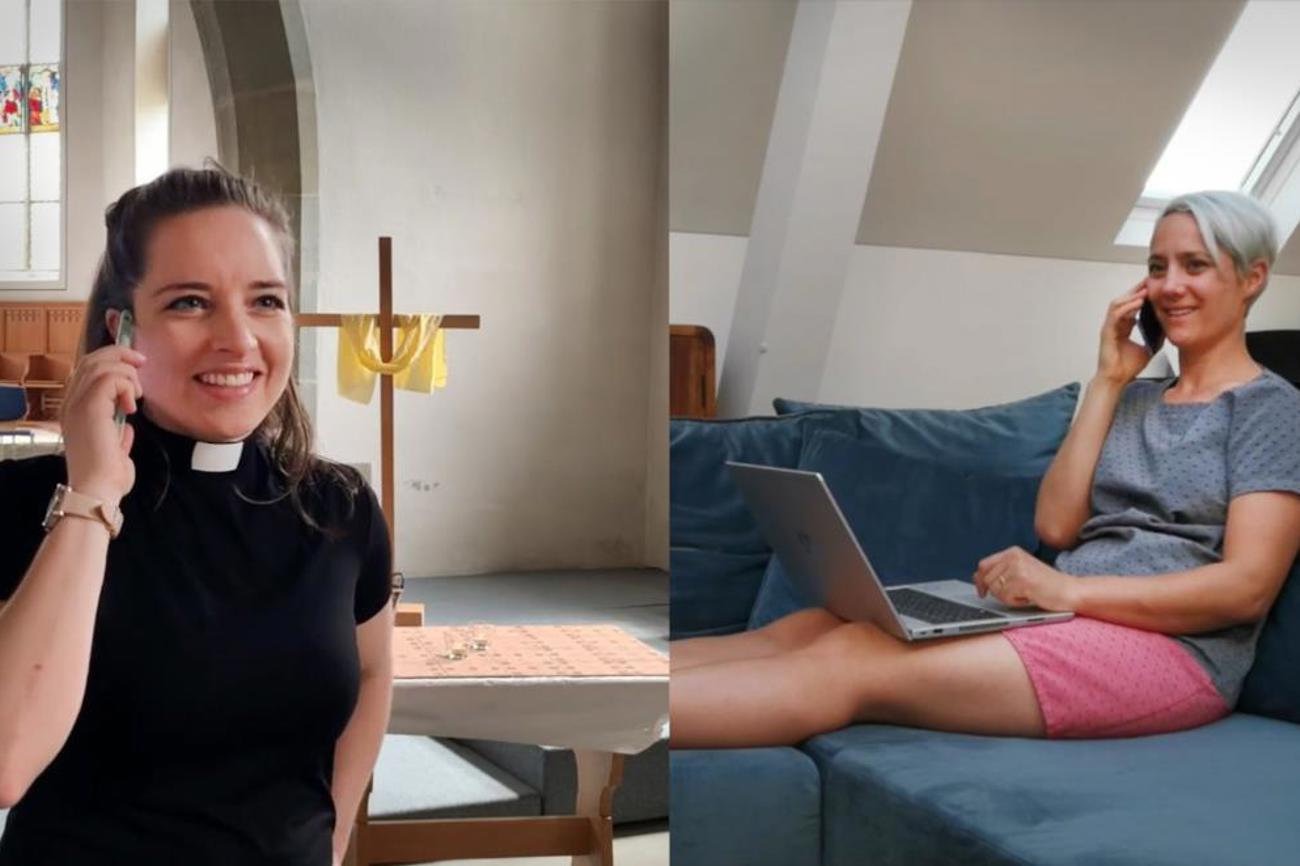 So hat es im Frühjahr begonnen: Mit einem Telefonanruf von Pfarrerin Mirja Zimmermann (links) an Pfarrerin Priscilla Schwendimann. |Screenshots aus dem Pfingstgottesdienstvideo