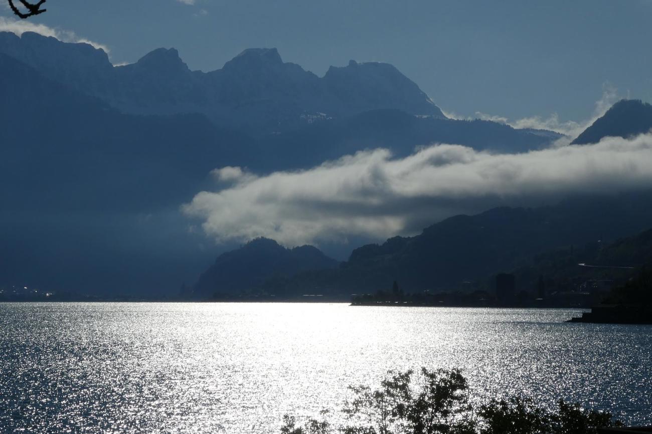 Im Licht der Morgensonne glänzt der See silbrig, ein leichter Wind kräuselt das Wasser, und man spürt beim Betrachten etwas vom «Heiligen Geist». Walensee mit Alvierkette: Gauschla (schlafender Ritter), Alvier und Fulfirst.
Bild Gret Menzi