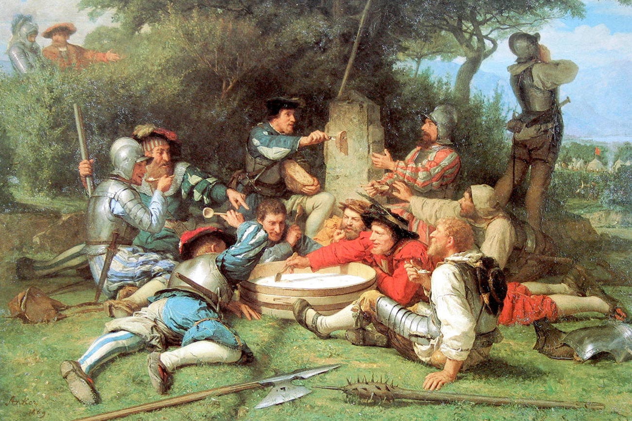 Friedliche Milchsuppe statt Gemetzel: Erster Kappelerkrieg. Gemälde von Albert Anker (1869). | Bild: Wikimedia, Gemeinfrei