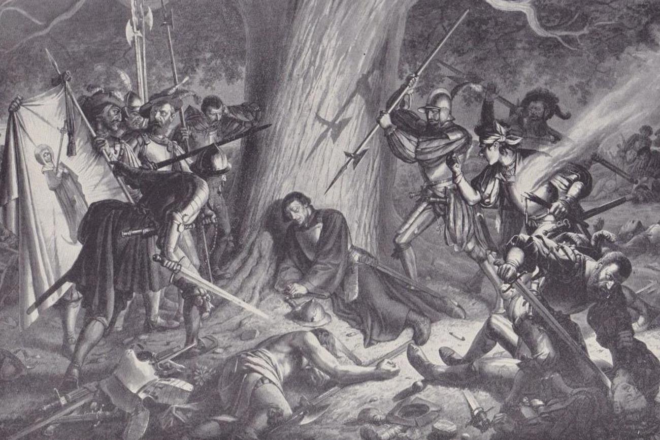 Der Historienmaler Karl Jauslin (1842-1904) stellt den Tod Zwinglis als eine hinterhältige Tat dar.