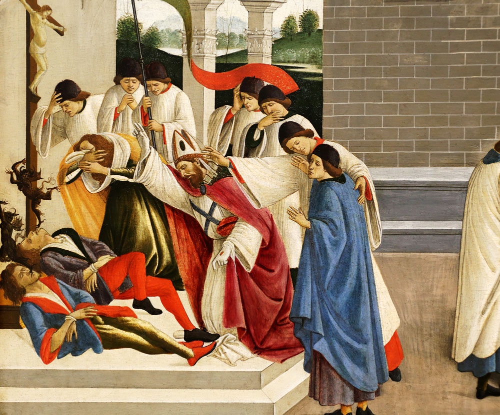Das Gemälde «Die drei Wunder des heiligen Zenobius» von Sandro Botticelli entstand um das Jahr 1500 und befindet sich heute in der National Gallery in London. Der Ausschnitt zeigt eine der drei Wundertaten des Bischofs aus dem 4. Jahrhundert: die Austreibung von Dämonen bei zwei Jugendlichen. | Bild: WikimediaCommons (Ausschnitt)
