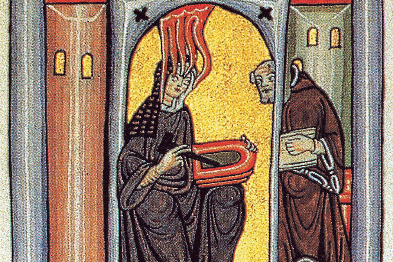 Hildegard von Bingen empfängt eine göttliche Inspiration und gibt sie an ihren Schreiber weiter. Miniatur aus dem Rupertsberger Codex des «Liber Scivias». | Bild: Wikicommons