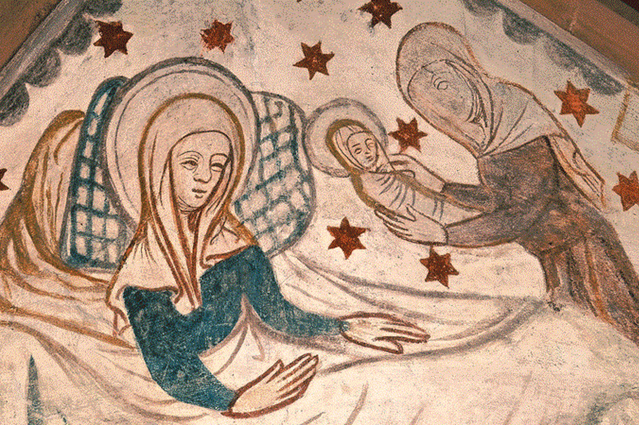 Die Hebamme bringt die frisch geborene Maria zu ihrer Mutter Anna. Gewölbemalerei in der Krypta des Basler Münsters.
