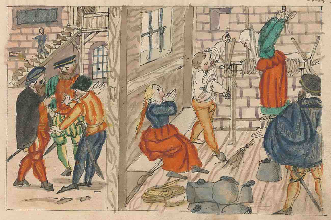 Darstellung einer Folterszene in Zürich aus dem Jahr 1577. (Illustration: Wickiana ZBZH Ms F26.226r)